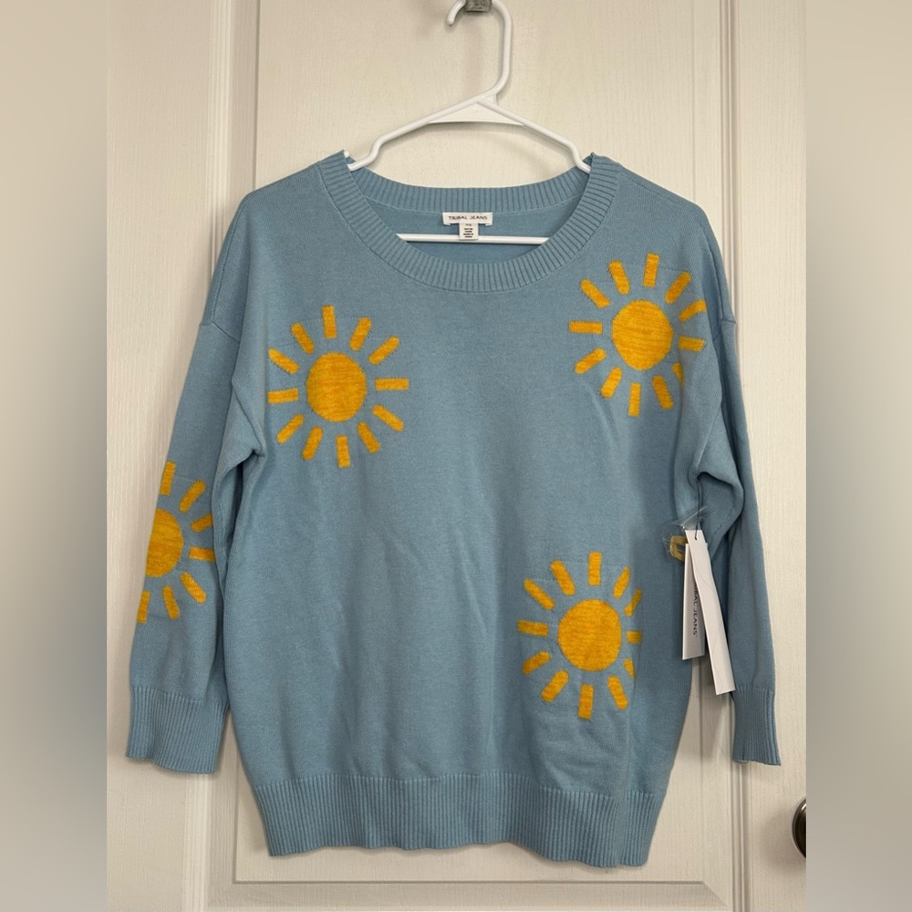 Tribal Jeans Sz S Tide Blue Crew Neck Sunshine 3/4 Sleeve Sweater NWT $108 - Picture 3 of 10
